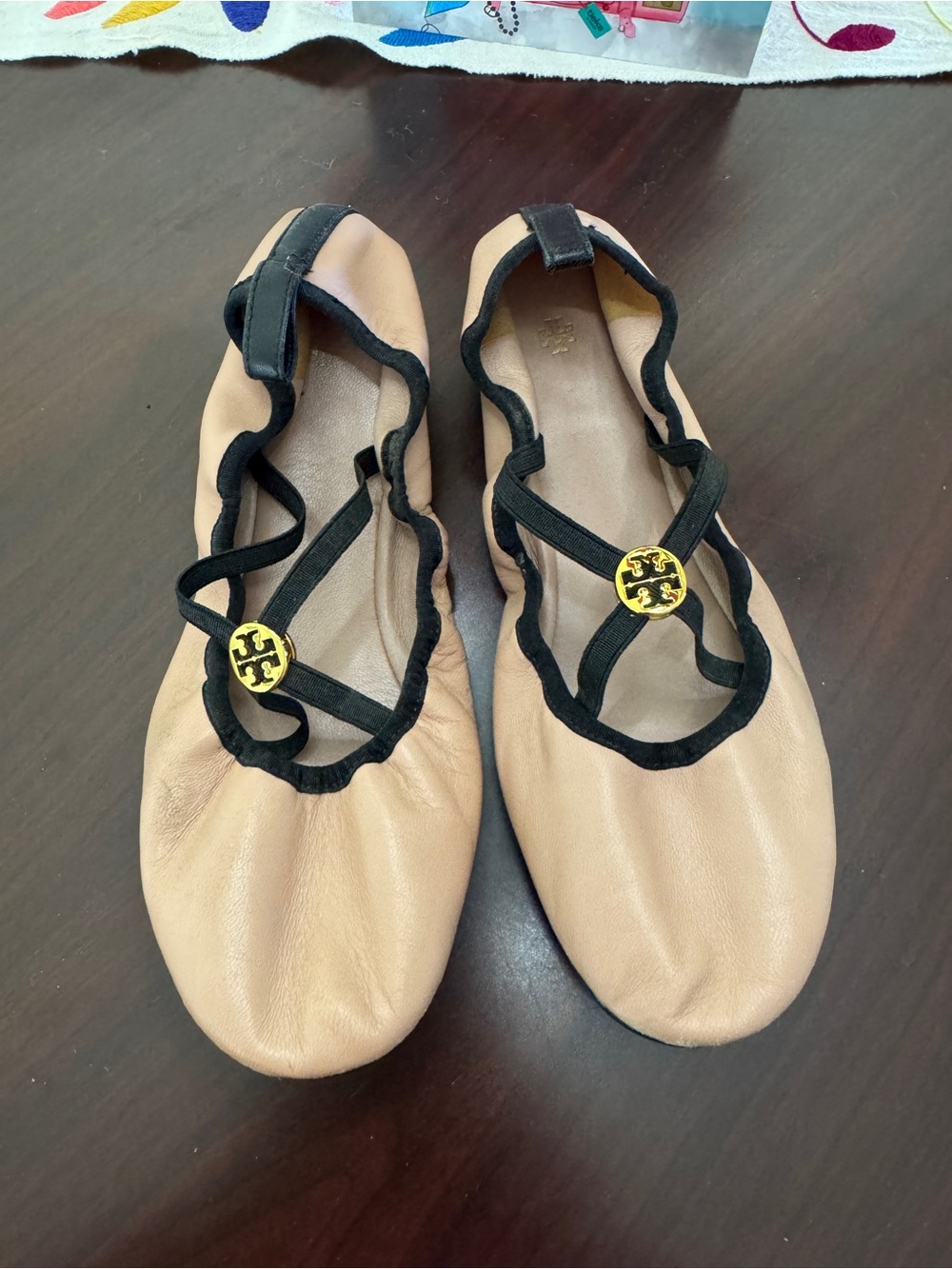 Tory Burch Beige Leather Ballet Flats with Black Trim and Gold Logo